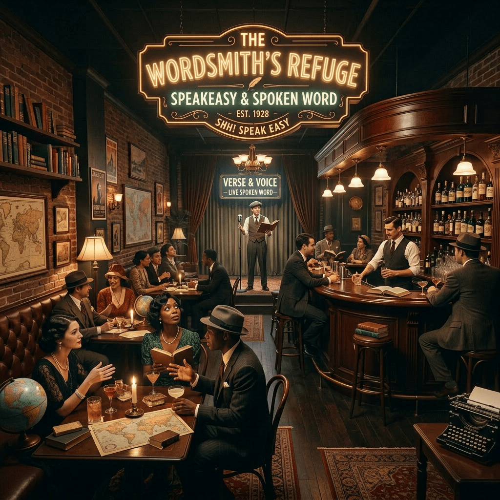 People speaking different languages in a 1920s speakeasy with a jazz band playing