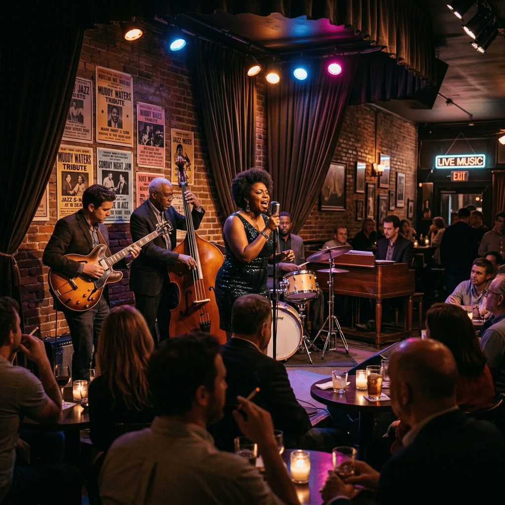 Jazz band with singer, guitarist, bassist, pianist, and drummer performing in a dimly lit club