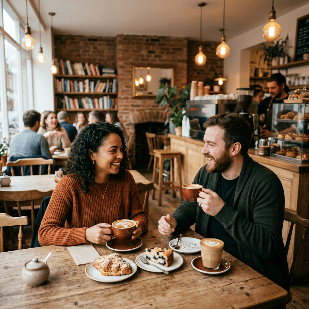 Two people smiling and drinking coffee at a café table with pastries